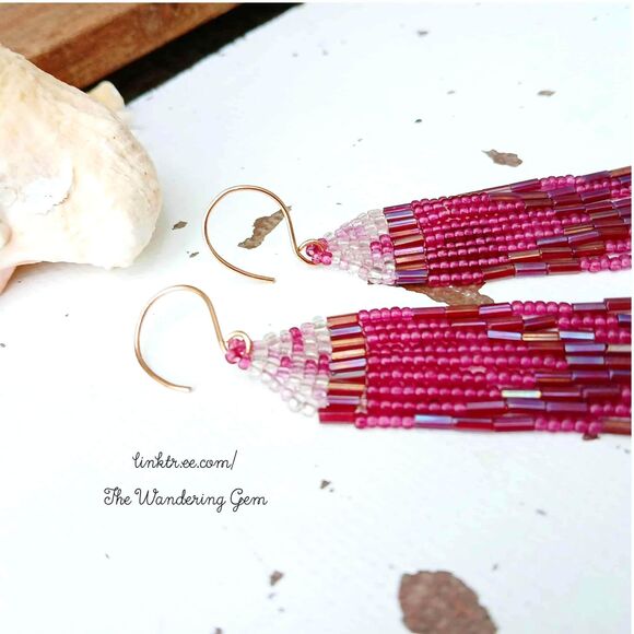 Beaded Fringe Cascade Shoulder Duster Dangle Earrings, Boho Chic Plum 4" - Picture 2 of 6